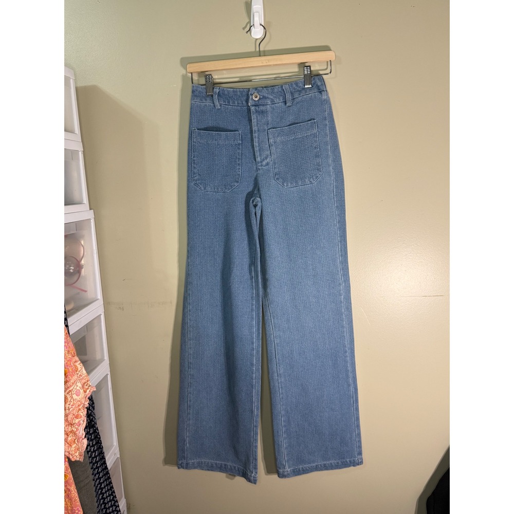 Natura Blue Textured Cotton Wide Leg Pants High Waist Patch Pockets Size S